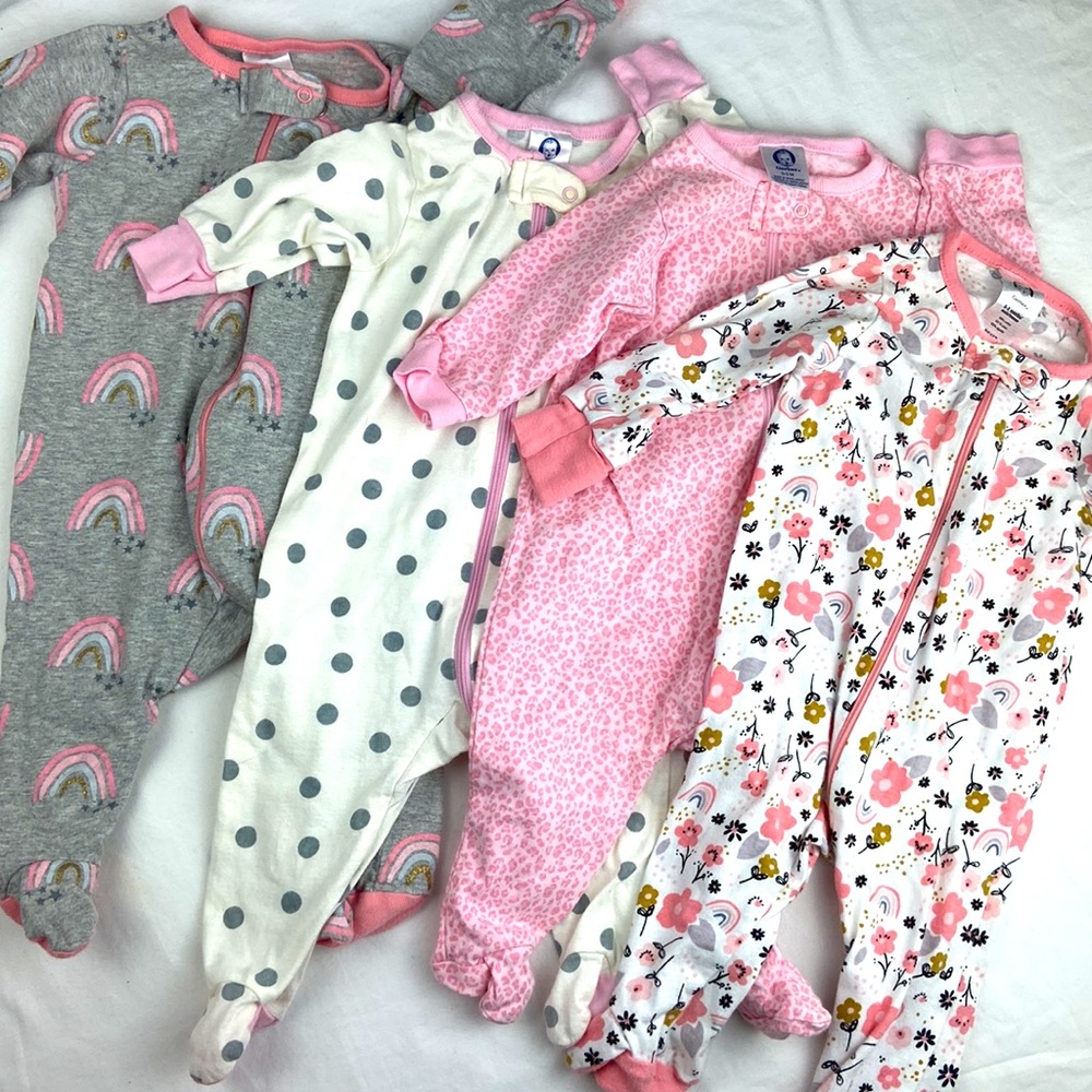 Lot of four (4) Baby Girl Gerber’s 0-3 month footie onesie pajamas